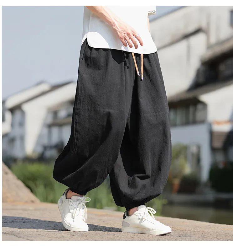 Modische Herrenhose im japanischen Stil, Haremshose, lockerer Schnitt, 100 % Baumwolle, Herrenhose für Frühling und Sommer, einfarbige Hose – Detail 11
