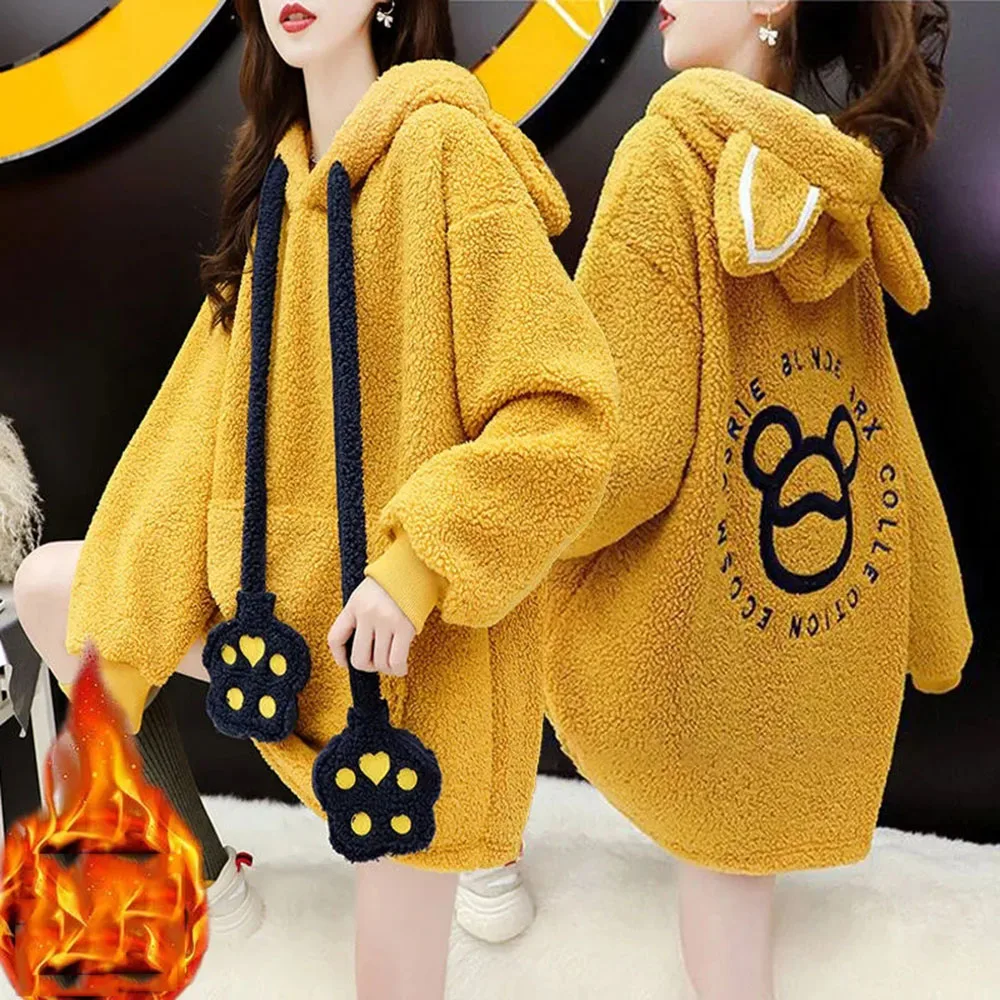 Casual Pink Kawaii Plush Sweatshirt Jacket Warm Rabbit Ears Hoodies Female Autumn Winter Cute Cartoon Print Sweatshirts Pullover