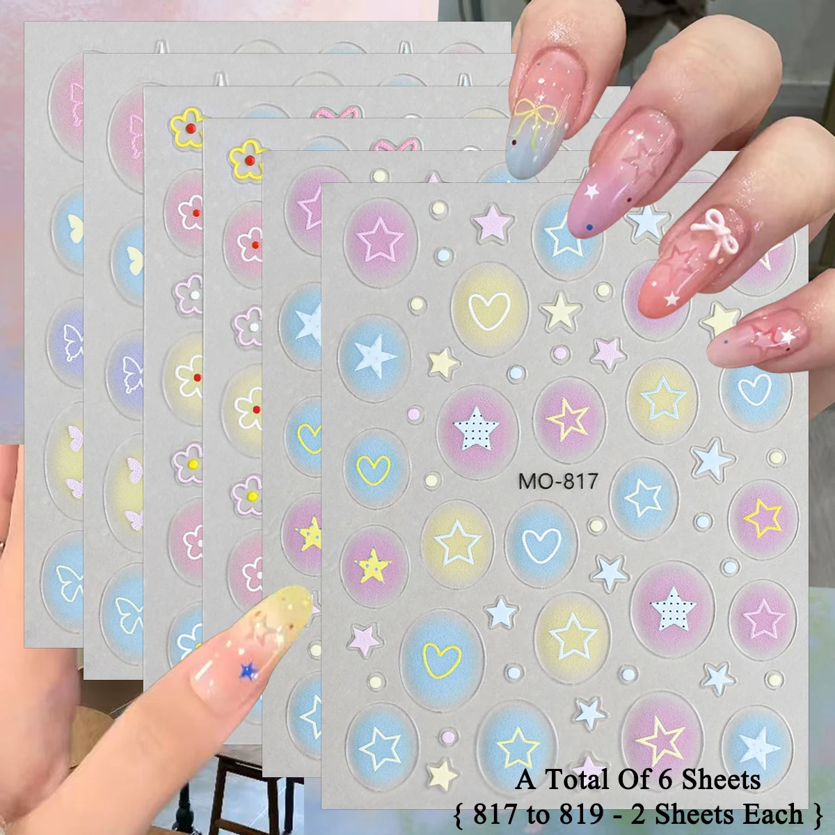 3/6/12 Blatt Farbverlauf Bubble Nagelaufkleber Stern Herz Pastellfarben 5D Geprägte Nagelkunst-Sticker Niedliche DIY Maniküre