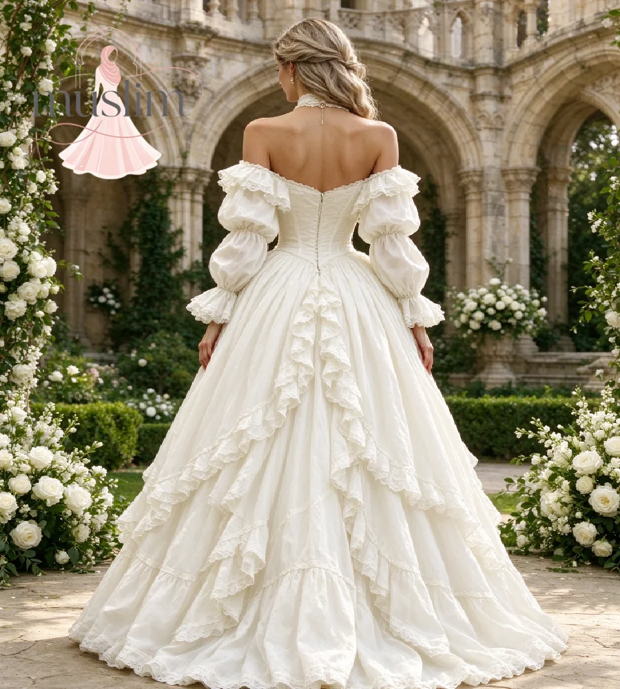 Vintage Ivory Victorian Wedding Dress 2027 Puffy Bishop Sleeves Lace Ruffle Corset Bridal Gowns Celtic Castle Forest Custom
