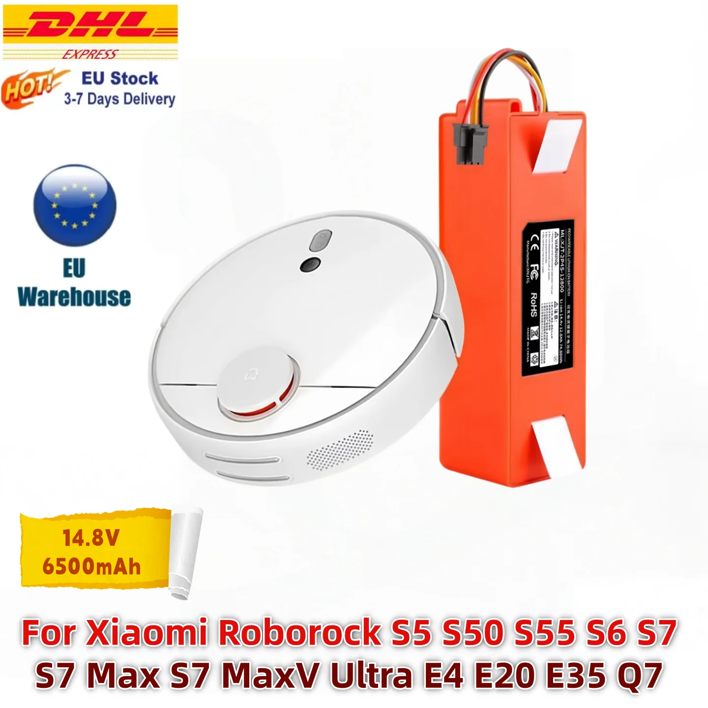 Roborock Ersatzakku 14,8V 6500mAh Hochleistungs-Li-Ionen-Akku Kompatibel mit Xiaomi Roborock S5 S50 S55 S6 S7 Max S7 MaxV Ultra E4 E20 E35 Q7 Max Roboterstaubsaugern