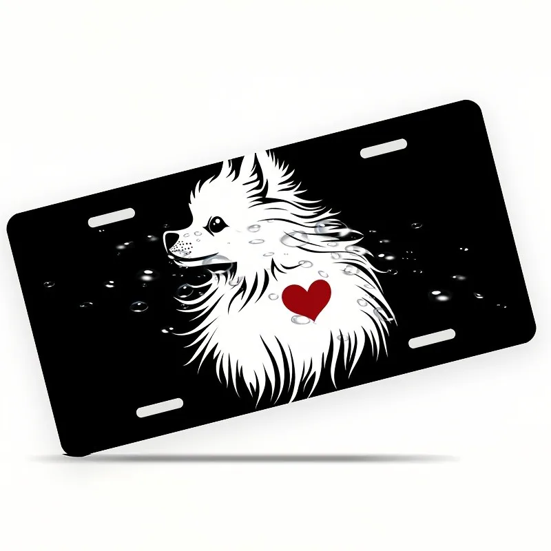 White Pomeranian Dog with Red Heart Water Droplets License Plate Decorative Tag for Car Accessories