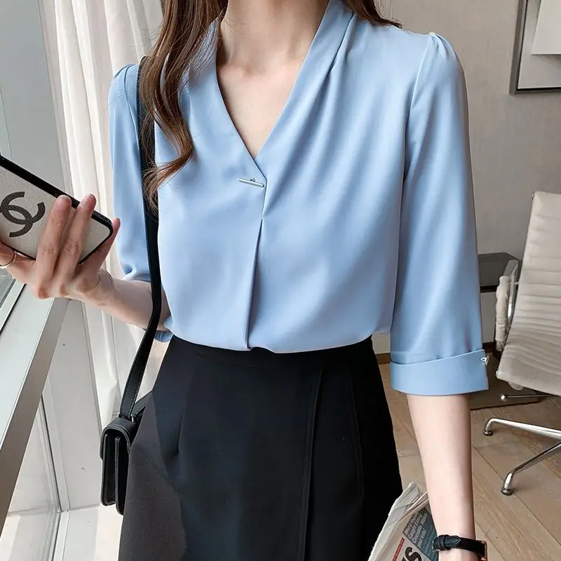 2024 Solid Women's Clothing Business Casual Interior Lapping Summer Fashion Office Lady Tops Ladies Half Sleeve Pullovers Shirts