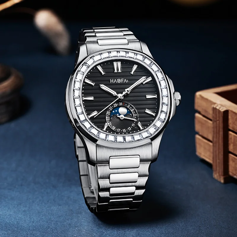 Haofa Automatic Mechanical Watch for Men Calendar Moon Phase Dial Men Wristwatches Stainless Steel Waterproof Sapphire Thin 2291