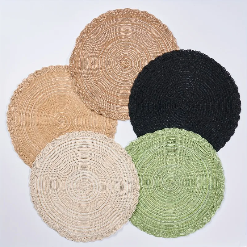 Round Woven Placemats with Lace Trim, 29.97 cm - Solid Color Options, Retro Style Kitchen Table Decor Mats