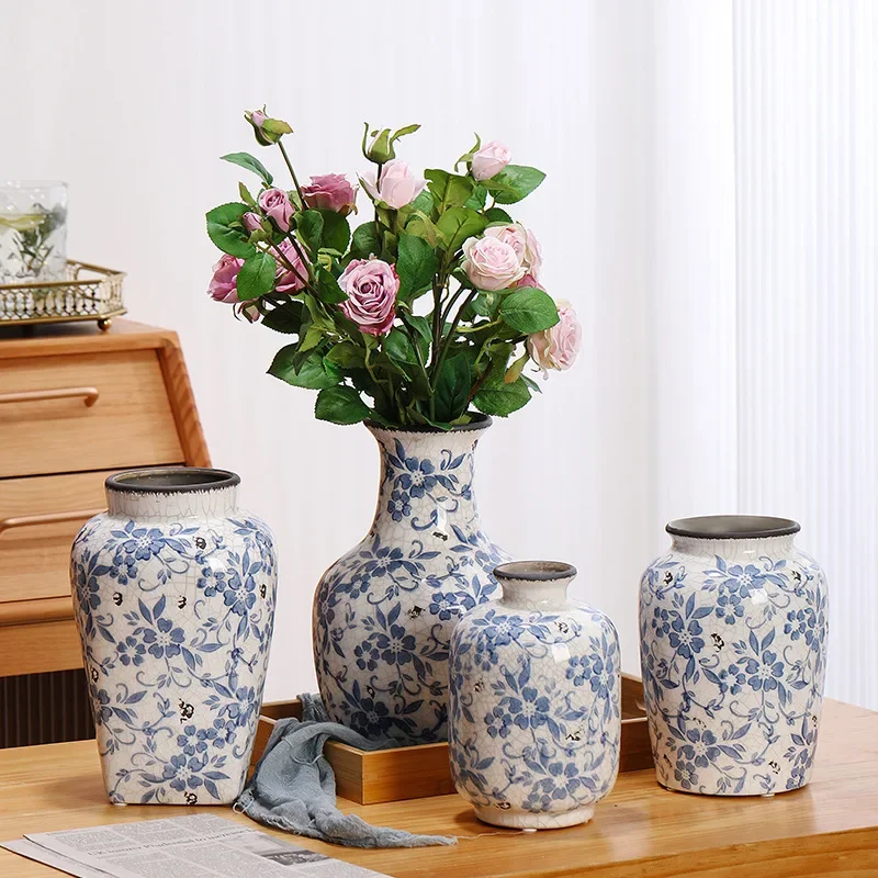 Rural Retro Old Round Blue and White Porcelain Crack Basket Color Flowers Hydroponic Ceramic Vase