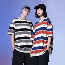 Striped Short Sleeve T-shirt Men Round Neck 2024 New Summer Youth Fashion Brand Loose Contrast Color Half Sleeve Clothes