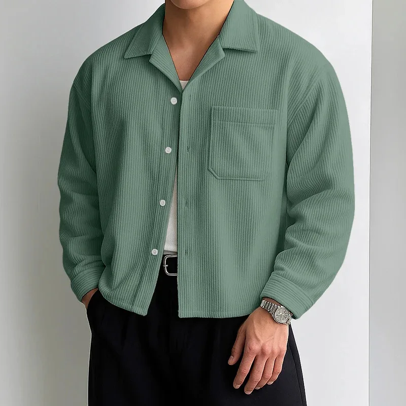 Autumn Men Corduroy Cropped Shirts Long Sleeve Solid Color Suit Collar Casual Blouse American Retro Premium Loose Cardigan Tops