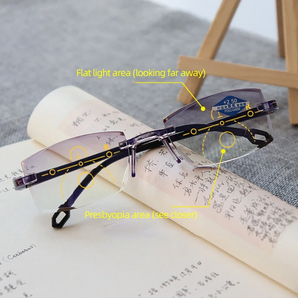 2PCS Rimless Bifocal Progressive Reading Glasses Men Women Near and Far Anti-blue Light Eyesglasses Vintage Prescription Eyewear