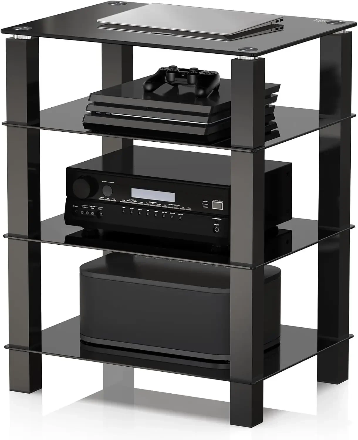 FITUEYES 4-Tier Media Stand Audio/Video Component Cabinet with Glass Shelf for Xbox One/ps4 AS406002GB