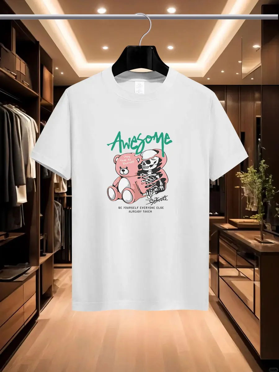 

2025 Summer Men's Luxurious and fashionable cartoon Bear brand printed T-shirt, pure cotton round neck, casual and trendy Y2K