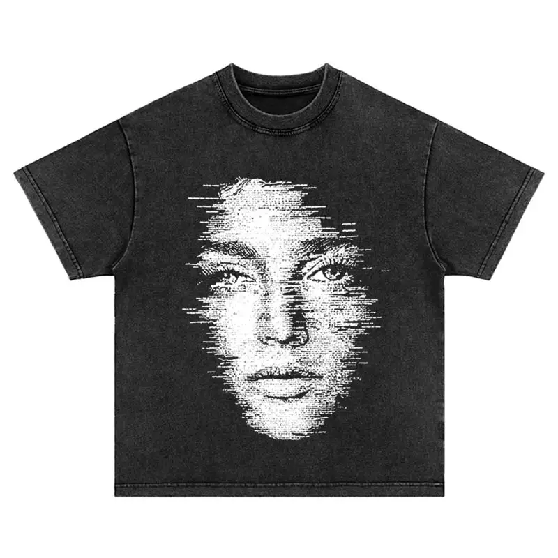 Summer Harajuku Hip Hop Streetwear Abstract Face Pattern Print Washed T-Shirt Vintage Trend Fashion Oversized Cotton Tshirt Tops