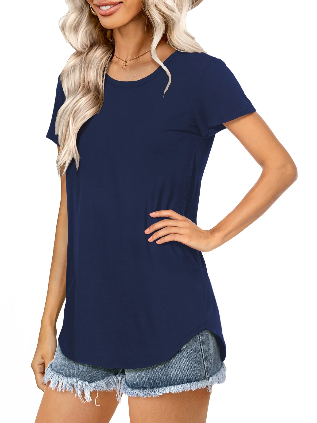 Women\'s Navy Blue Small Round Neck Rounded Hem T-Shirt