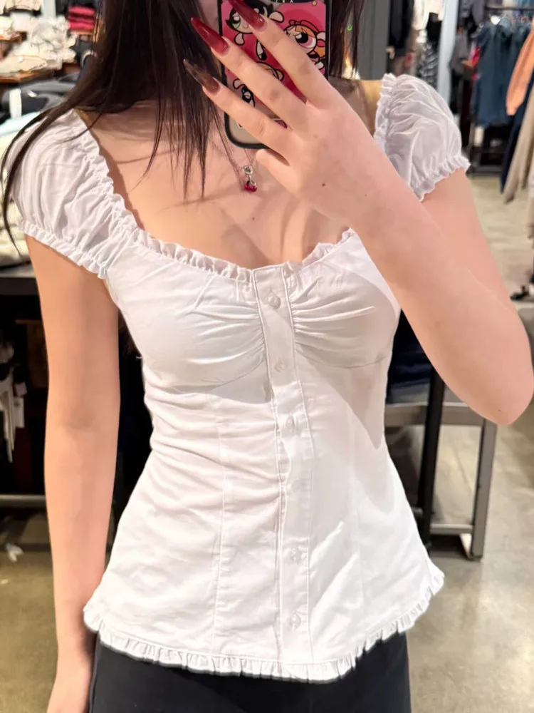 Sweet Lace Bubble ort Sve V-Ne irt Women's Summer Slimming Design Korean Sle Cotton Top ort Length Button Detail
