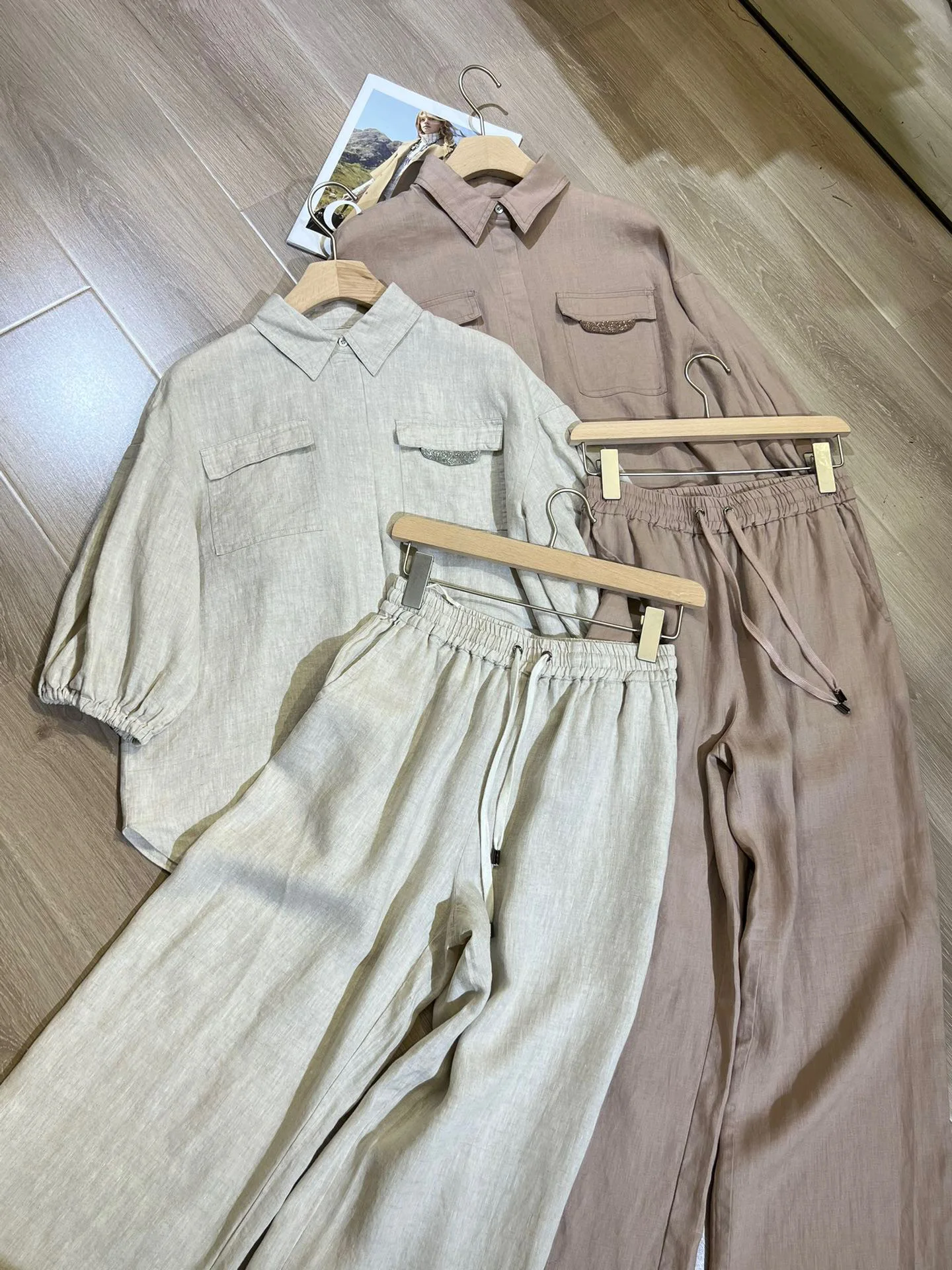 Casual summer exquisitely decorated set of clothes made of linen