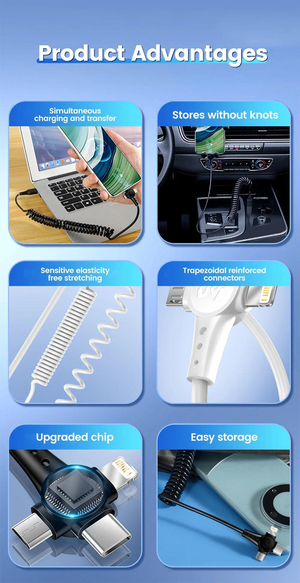 120W 3-in-1 Mobile phone fast charging data cable For iPhone Huawei Xiaomi Super fast charging spring retractable data cable