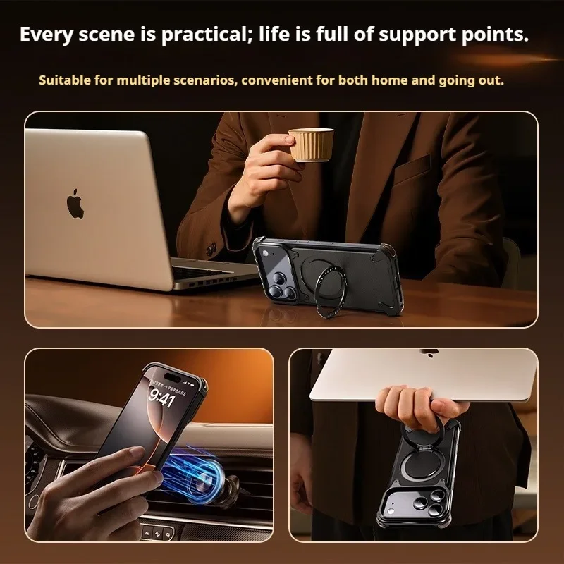 

for iPhone 17 Pro Max Air Phone Case Genuine Leather for Magsafe Frameless Shell 360°Rotate Magnetic Stand Anti-Drop Cover