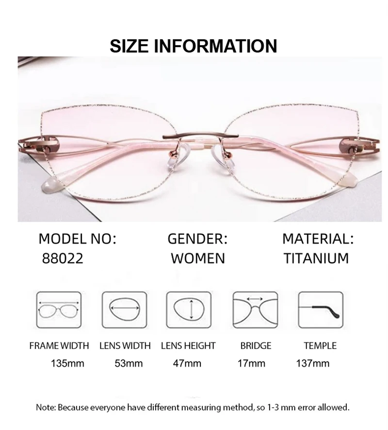 Women Rimless Eyeglass Titanium Cat Eye Lens Elegant Prescription Glasses Round Diamonds Glasses Transparent Glass Fashion Gafas