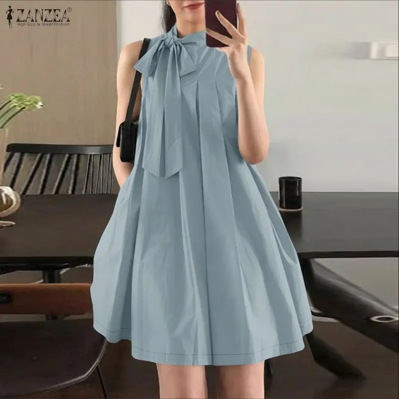 

Stylish Summer Sleeveless Mini Dress ZANZEA Women Stand Neck Work Sundress Solid Pleated Robe Fashion Lace -Up Holiday Dresses