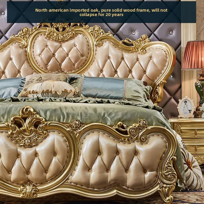 European Solid Wood Double Bed Luxury Oak Princess Wedding Bed Oak Queen  High-end Leather Carved Bedroom Furniture