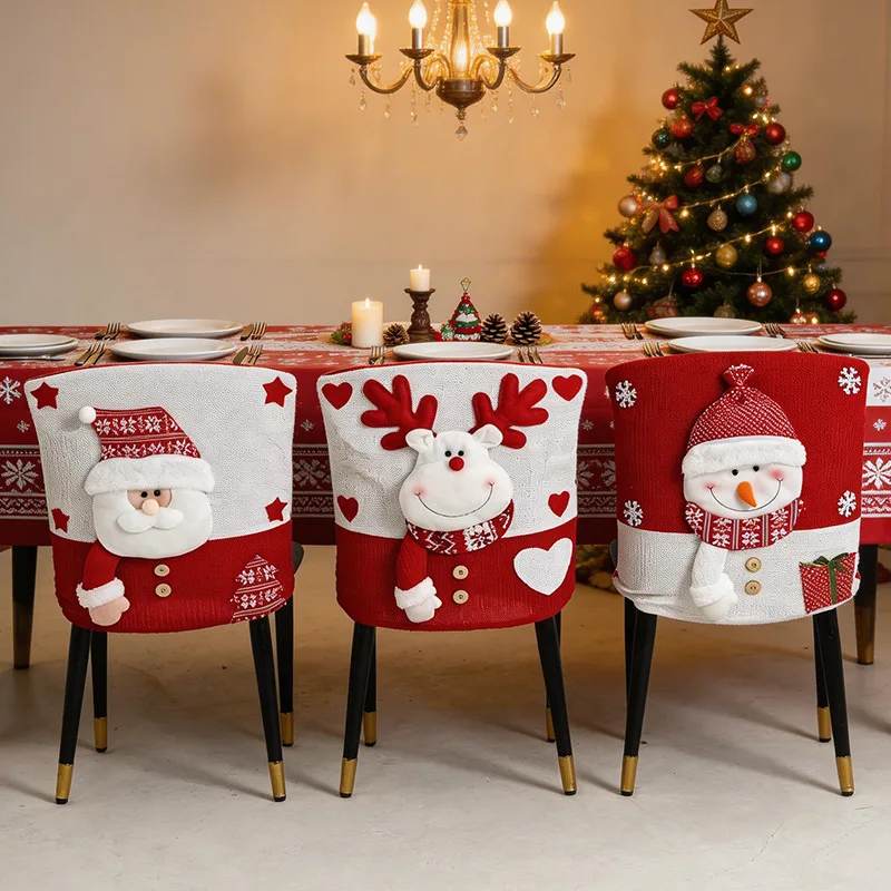Christmas Decoration Chair Cover Red White Knitted Santa Claus Chair Slipcover Snowman Dining Chair Back Cover