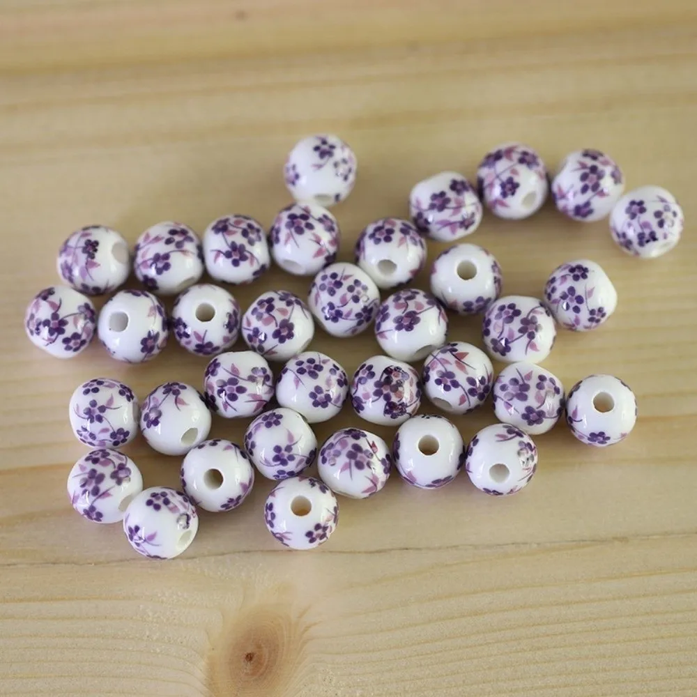 30pcs/set Creative DIY Ceramic Beads Round Ancient Style Loose Beads Loose Form Flowers Printed Chinese Style Beads