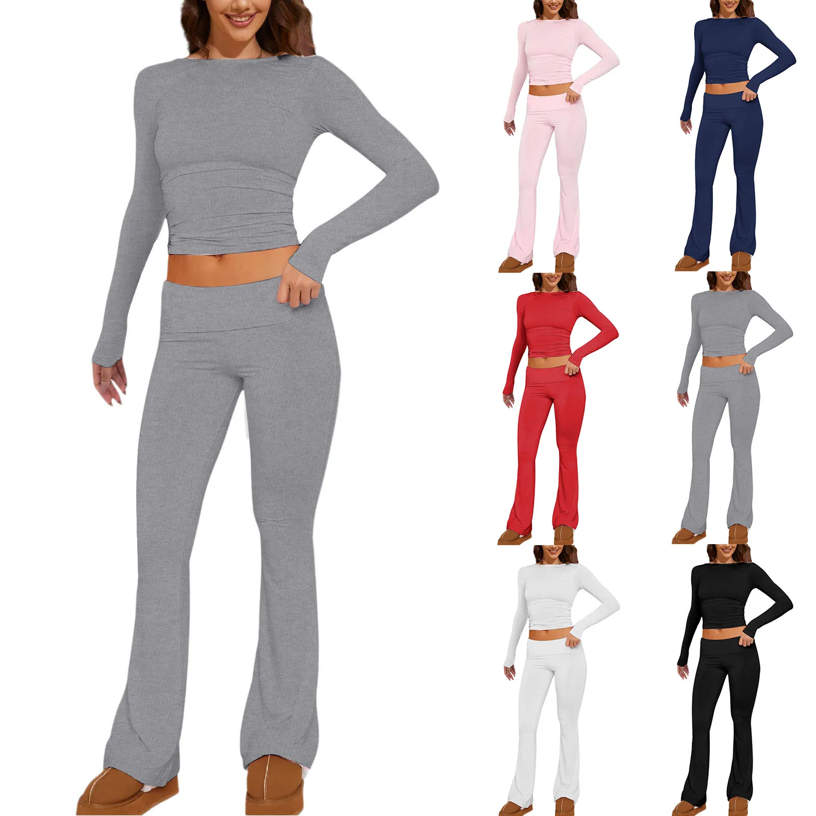 Women'S Set Solid Color Tights Long Sleeve Crop Top And Leggings Pants 2024 Autumn Casual Two 2 Piece Set Outfits Tracksuit