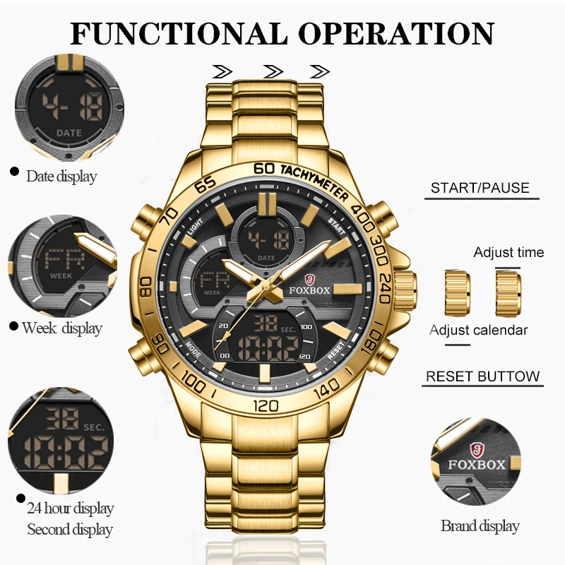 LIGE Luxury Original Men Sports Wrist Watch Gold Quartz Steel Waterproof Dual Display Clock Watches Relogio Masculino For Men