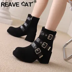 REAVE CAT Flock Suede Women Ankle Boots Round Toe Block Heels 8cm Platform 2.5cm Big Size 42 43 Bota