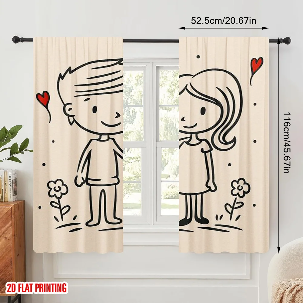 2pcs,2D plane printing Creative Curtains Love Doodle Duo Versatile Polyester (without rod) Versatile All Perfect for Room,