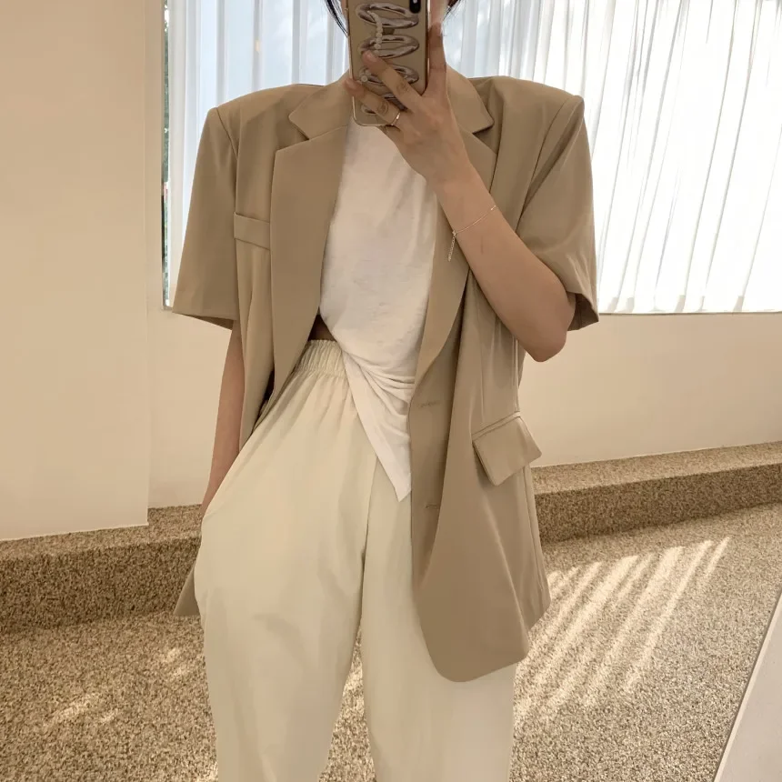 

REALEFT 2025 New Summer Elegant Women's Blazer Solid Single Breasted Pockets Korea Style Casual Loose Outwear for Women