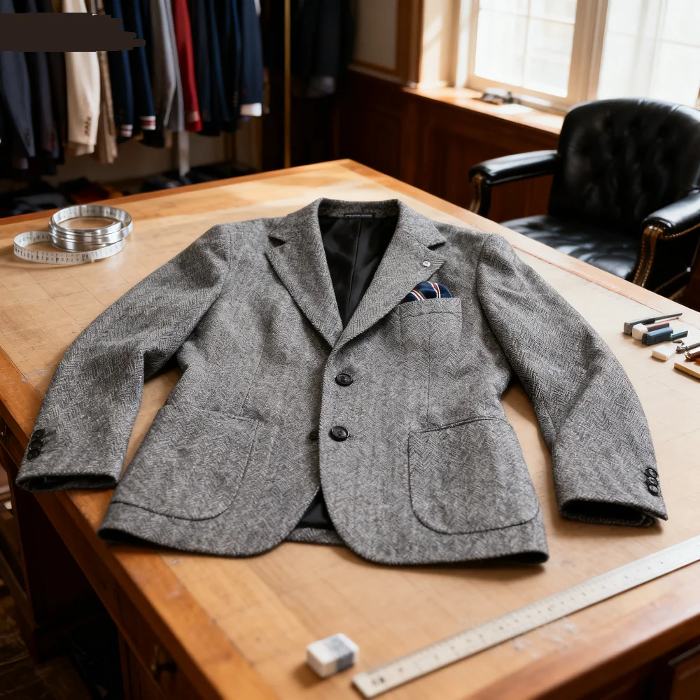 سترة من الصوف الرمادي فريدة من نوعها بدلة رسمية واحدة الصدر مع طية صدر السترة على شكل سمكة العمود الفقري سترة Pa Casaco Jaqueta Moda Lapela Notch Terno