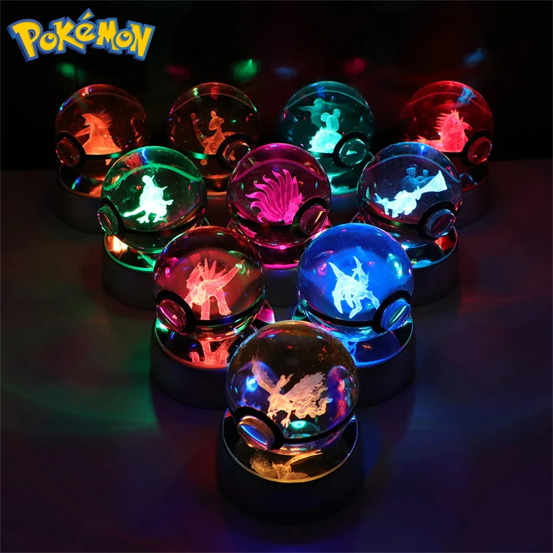 Pokemon 3D Crystal Ball Butterfree Cubone Figure Toy Pokeball Ditto Lucario Lapras Lugia Arceus Model With Led Light Base Dolls