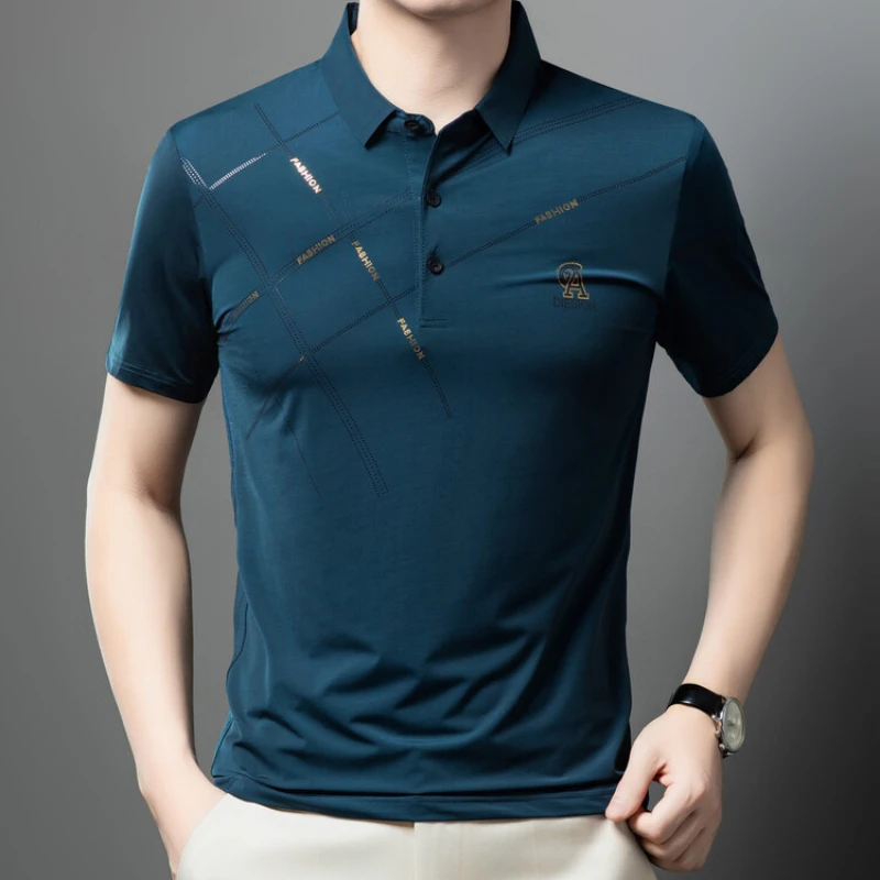 2024 New Men's High-end Ice Silk Polo Shirt Short Sleeved T-shirt Summer Business Casual Loose Top T-shirt