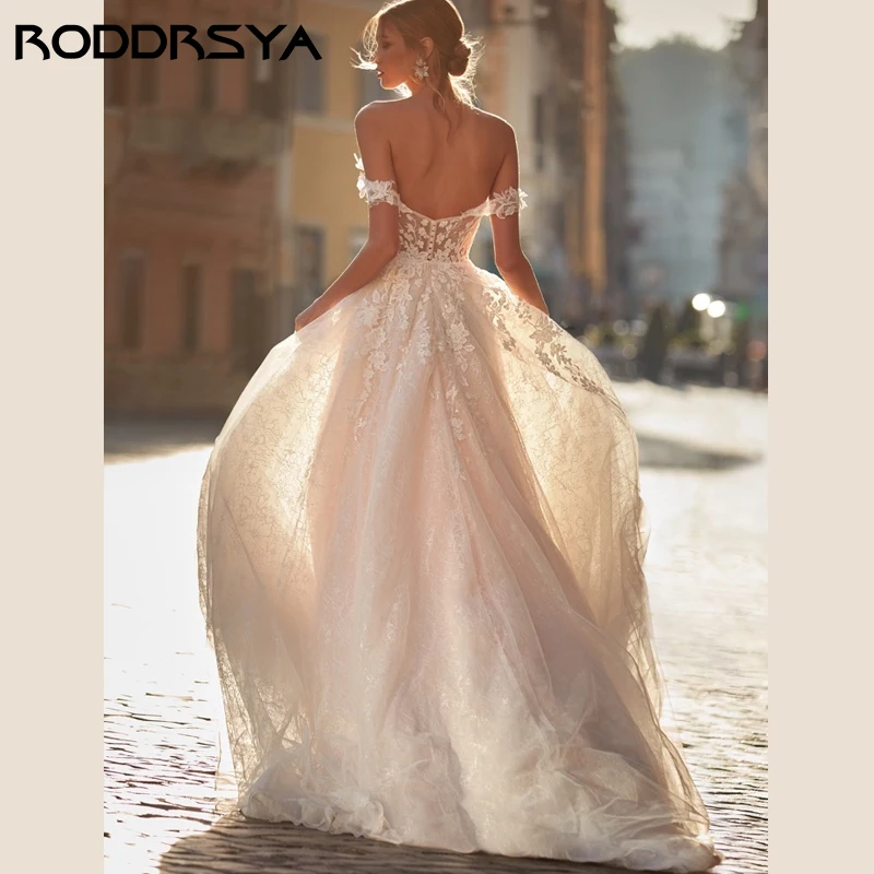 RODDRSYA Strapless Fora do Ombro Vestido De Noiva Tule Applique Mangas Vestido De Noiva De Noiva Botão Backless Floral Imprimir Festa Da Noiva Strapless Fora do Ombro Vestido De Noiva Tule Applique Mangas Vestido De No