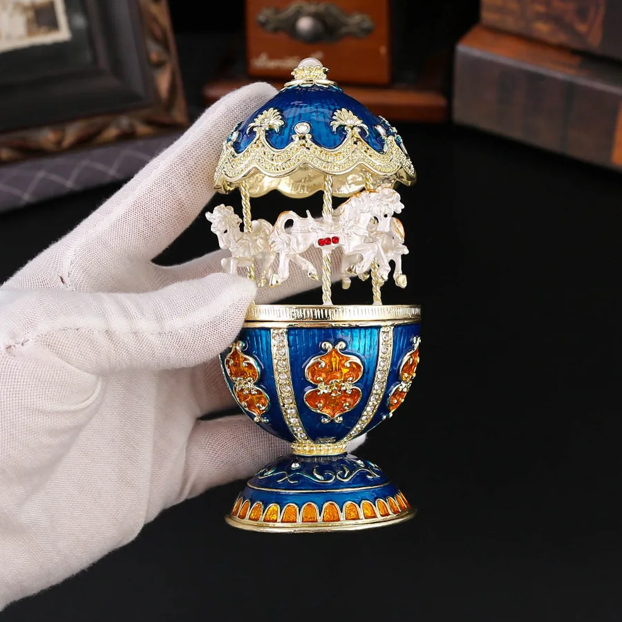 Blue Carousel shaped jewelry box Hinge Hand-Painted Small Jewelry Boxes Enamel Craft Christmas Gift for Women