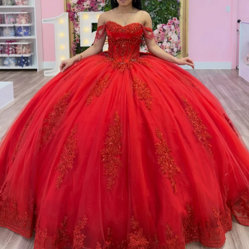 

Shiny Red Quinceanera Dress off-shoulder Crystal Glitter Decal Long tail Big Bow vestidos de 15 Quinceanera ﻿Customize
