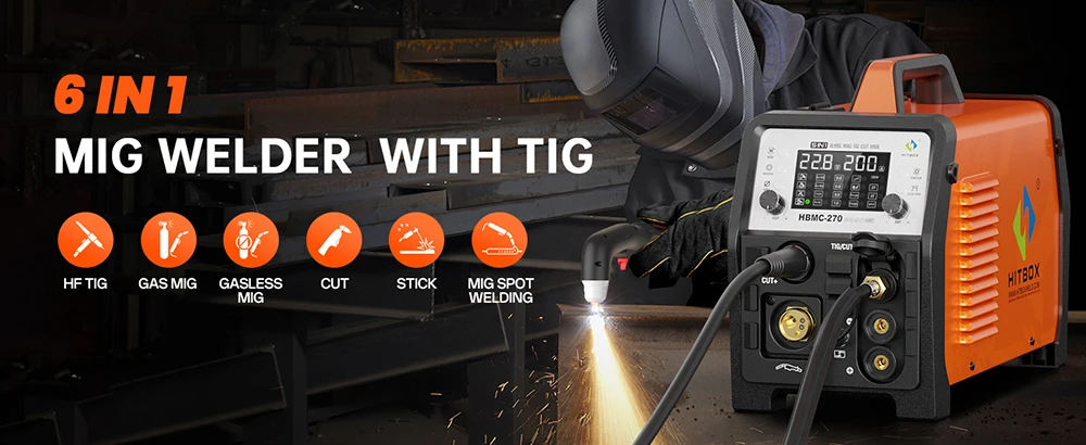 HITBOX HBMC270 Aluminium MIG-Schweißgerät 220V 6-in-1 ARC MMA Stick HF TIG Gaslos/Gas MIG Punktschweißgerät Plasmaschneider Großes LED-Display 2T/4T IGBT-Technologie Tragbares Schweißgerät für Zuhause und Outdoor für Edelstahl, Kupfer, Aluminium – Detail 2
