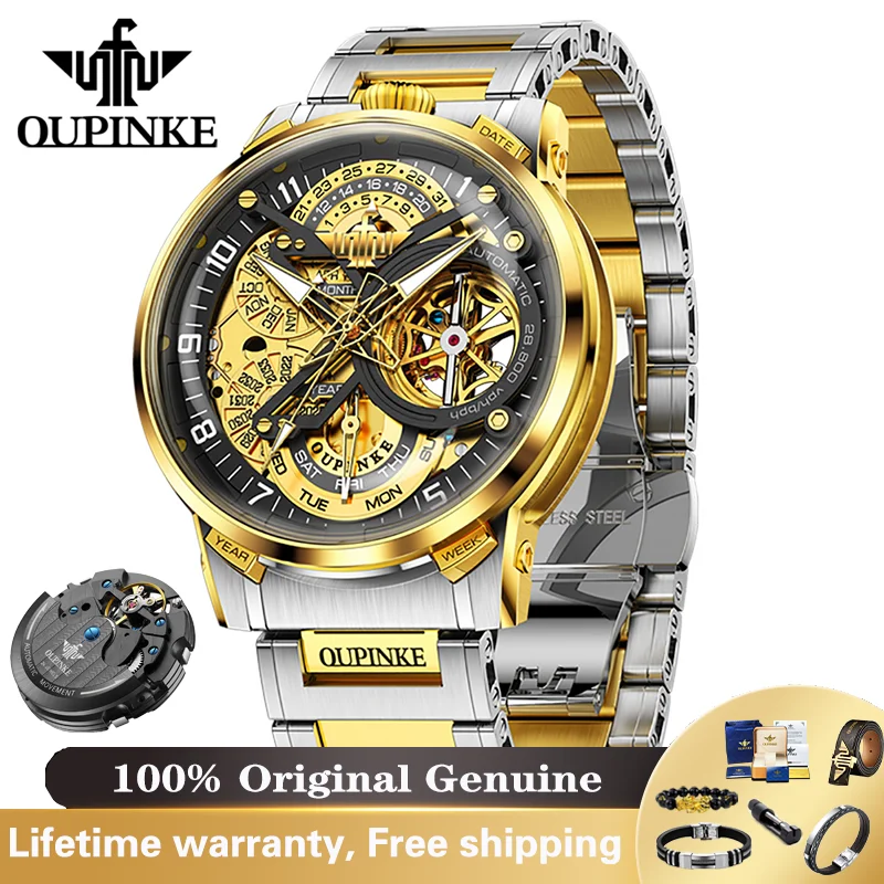 OUPINKE 3278 Mens Watch Luxury Flywheel Automatic Mechanical Watch 50M Waterproof  Skeleton Multifunctional Watches For Man