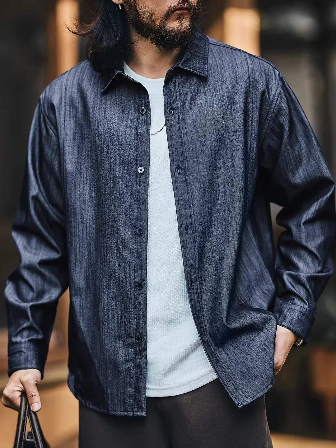 

Large Size American Retro Denim irt Men's Simple Spring Autumn Casual irt Jaet Trendy Loose Fit ort Sve Breathable