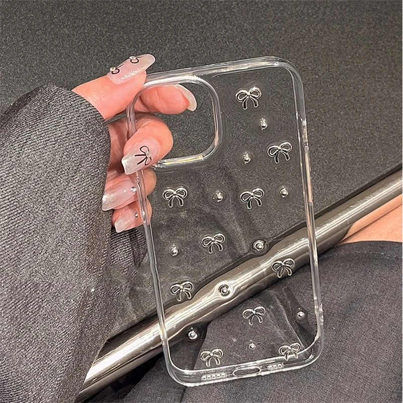Transparent Sliver Bow knot Soft Silicone Case For iPhone 15 14 13 12 11 Pro Max 14Pro Camera Protective Back Cover For 15 Pro image 4