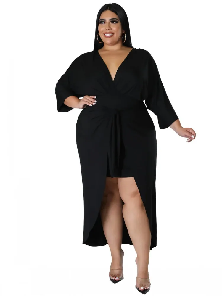 

New 3/4 Sleeve Women Black Dress Elegant Party V-neck Lace-up Lrregular Wrap Hip Sexy Dress Midi Vestidos Femininos 2022 Fashion