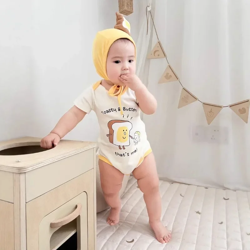 

Корейский детский комбинезон, летний комбинезон с короткими рукавами и принтом тостов, милый комбинезон для новорожденных, боди унисекс для младенцев со шляпой, мультяшный комбинезон для мальчиков и девочек