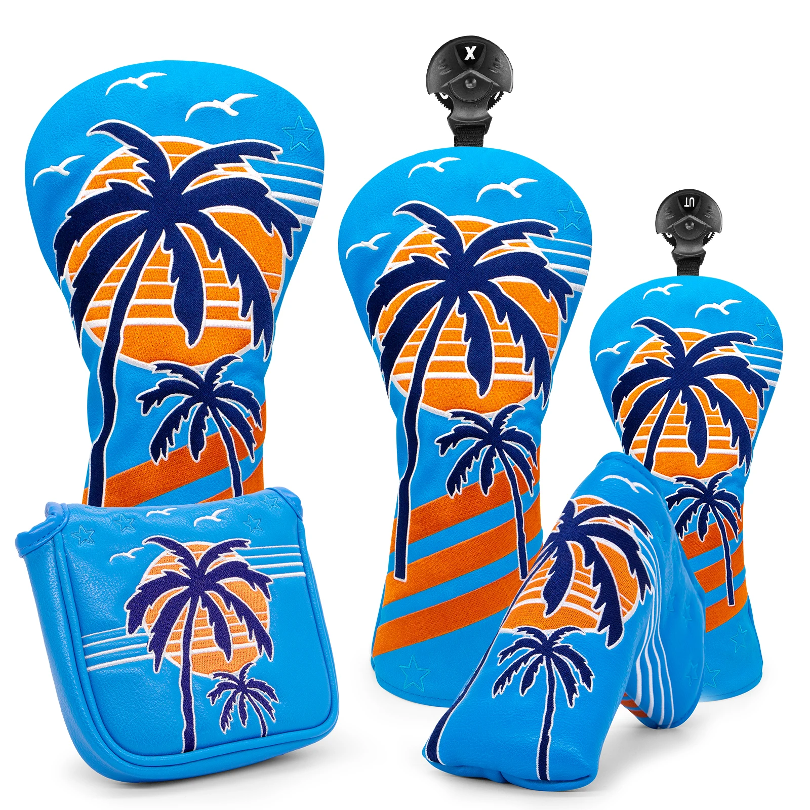 Plam Hawaii Blue Fashion Premium Leather Golf Headcovers Embroidery Driver Wood Cover Set Driver Fairway Hybrid Golf Wood Clubs