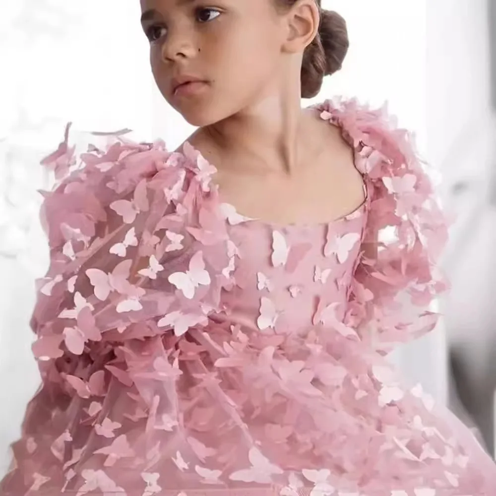 Vestito da neonata vestito rosa da bambino con abiti da ragazza di fiori del treno fiocco abito da compleanno per bambini carino primo Communio