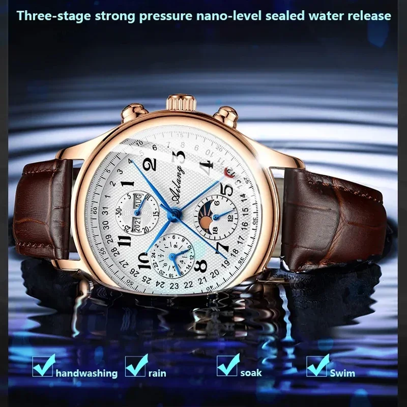 Dropshipping New Business Mens Mechanical Watches Brand Luxury Leather Waterproof Week Calendar Moon Phase  Automatic clock 2024