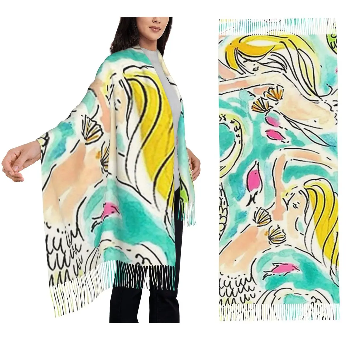

Mermaid Girl Scarf Tassel Scarves Women Soft Warm Shawls and Wraps Large Fall Winter Shawl Wrap