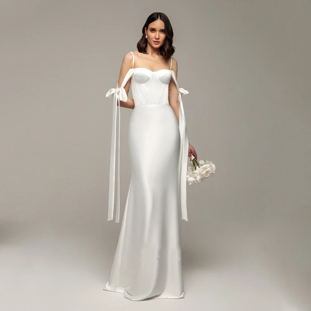 Elegant White Wedding Dresses For Bride Spaghetti Straps Boat Neck Floor Length Bridal Gown Satin Vestido De Mariee Custom Size