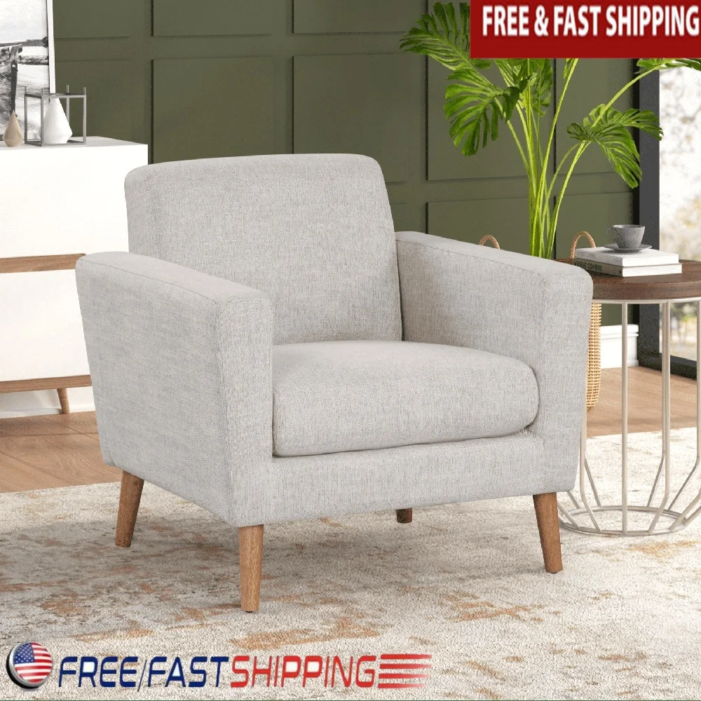 

Бежевый льняной акцентный стул с резиновыми деревянными ножками, современное кресло, простая сборка, гостиная, спальня, уголок для чтения, емкость 250 фунтов