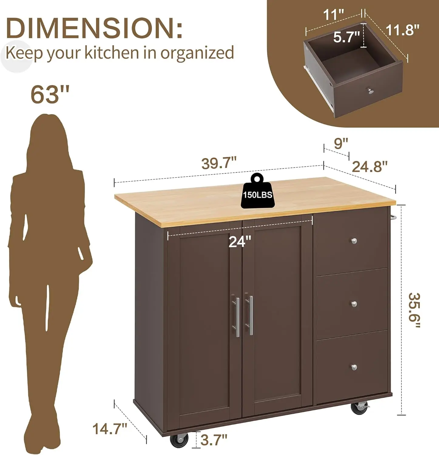 

Multi-Functional Rolling Kitchen Island with Storage Cabinet Foldable Drop Leaf Dining Table